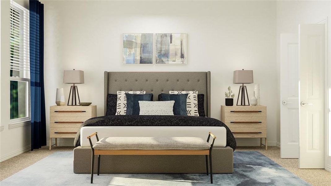 Bedroom with light carpet and baseboards Bedroom with light carpet and baseboards