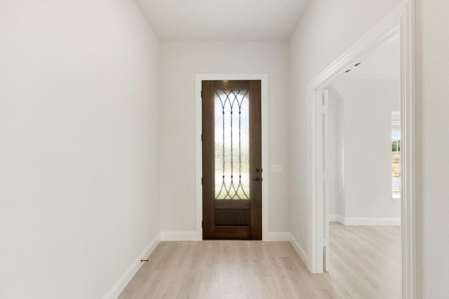 Entryway with dark wood front door featuring decorative glass panel and light hardwood floors