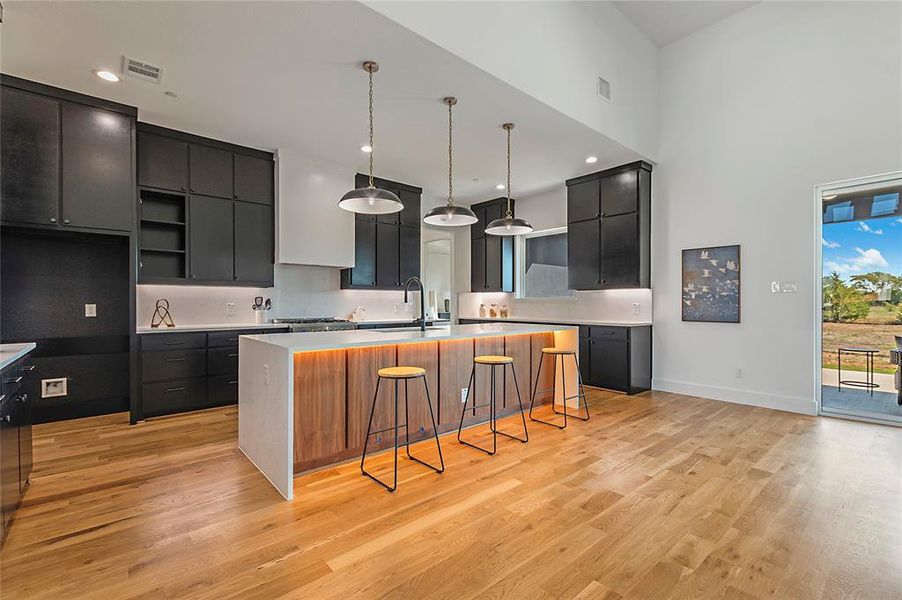 Kitchen featuring wood-finish flooring, dark cabinetry, and a central island with integrated lighting Kitchen featuring wood-finish flooring, dark cabinetry, and a central island with integrated lighting