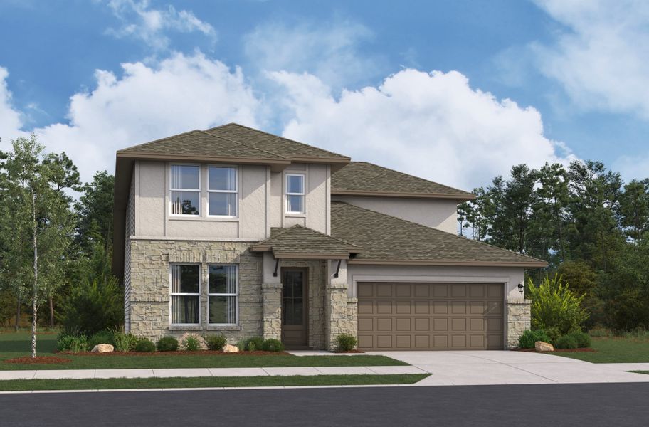 Representative exterior photo of a completed home built from the Cascade by Beazer Homes in Comanche Ridge, San Antonio, TX (Image 2). Representative exterior photo of a completed home built from the Cascade by Beazer Homes in Comanche Ridge, San Antonio, TX (Image 2).