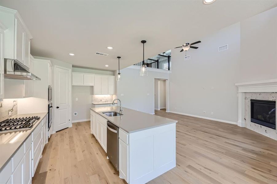 Kitchen with light hardwood / wood-style floors, sink, an island with sink, and white cabinets