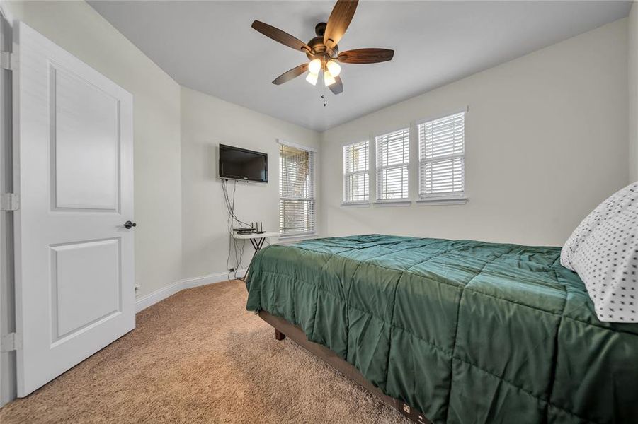 Carpeted bedroom with baseboards and a ceiling fan Carpeted bedroom with baseboards and a ceiling fan