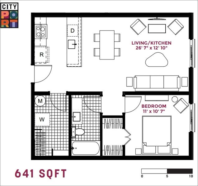 2D floor plan layout for the 1 Bedroom by White Oak Properties in City Port, Durham, NC (Image 3).