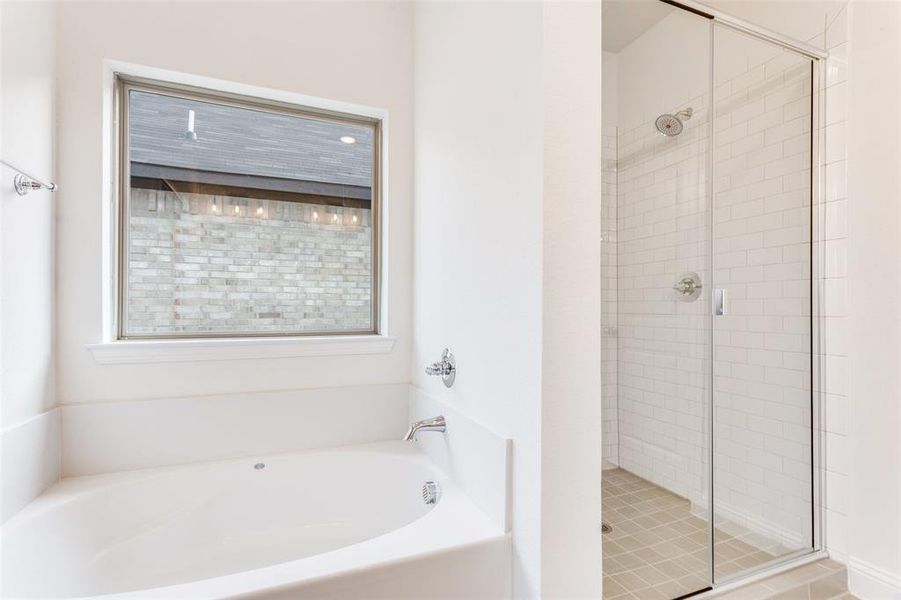 Bathroom with shower with separate bathtub and a wealth of natural light