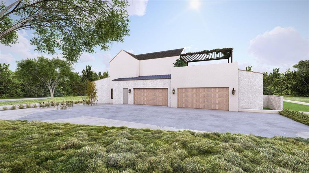 Contemporary exterior featuring light-colored stucco, a dark tile roof, a pergola-covered outdoor space, and a wide driveway Contemporary exterior featuring light-colored stucco, a dark tile roof, a pergola-covered outdoor space, and a wide driveway