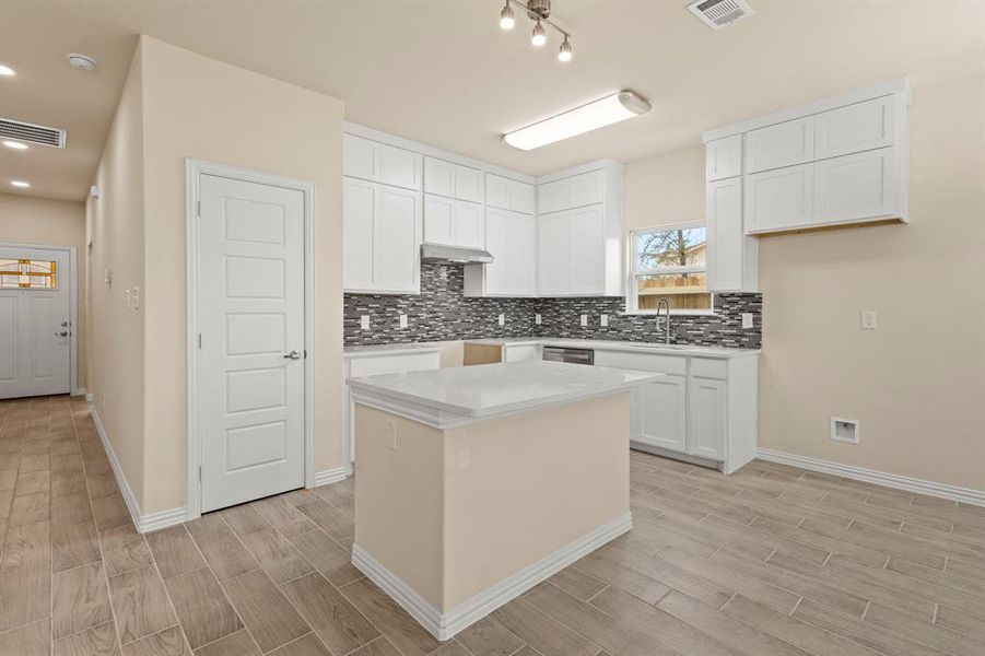 Kitchen with visible vents, a sink, under cabinet range hood, and decorative backsplash