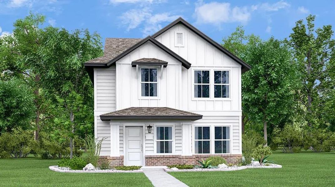 Front exterior of a new home in Waterstone, Kyle, TX, highlighting curb appeal (Image 18).