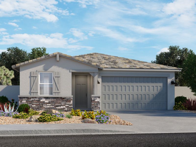 Representative exterior photo of a completed home built from the Leslie by Meritage Homes in Mountain View Estates Reserve Series, Buckeye, AZ (Image 2). Representative exterior photo of a completed home built from the Leslie by Meritage Homes in Mountain View Estates Reserve Series, Buckeye, AZ (Image 2).