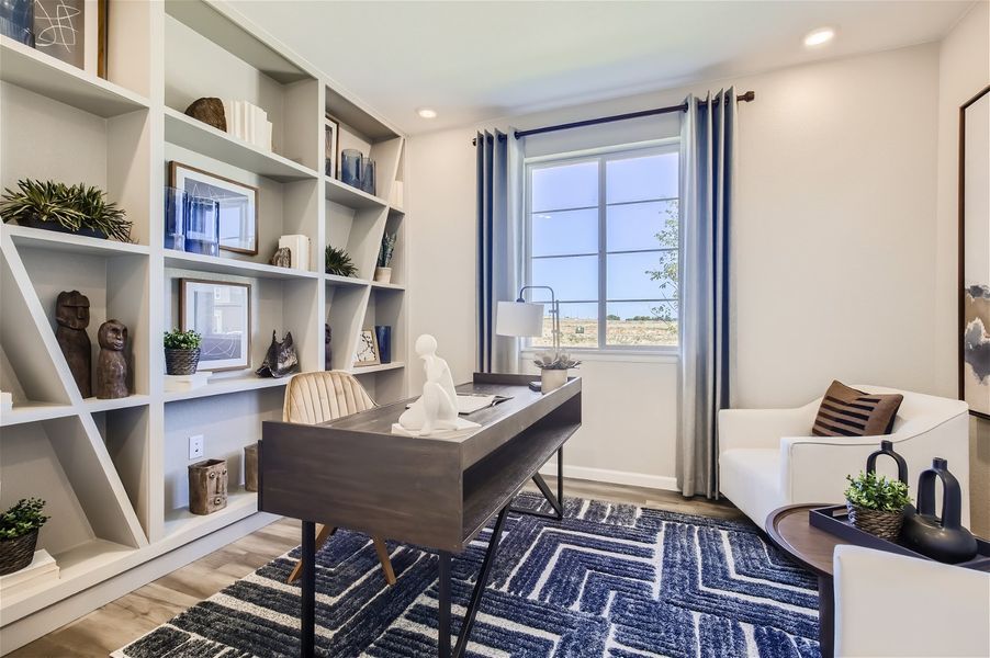 A room with a table and shelves. A room with a table and shelves.