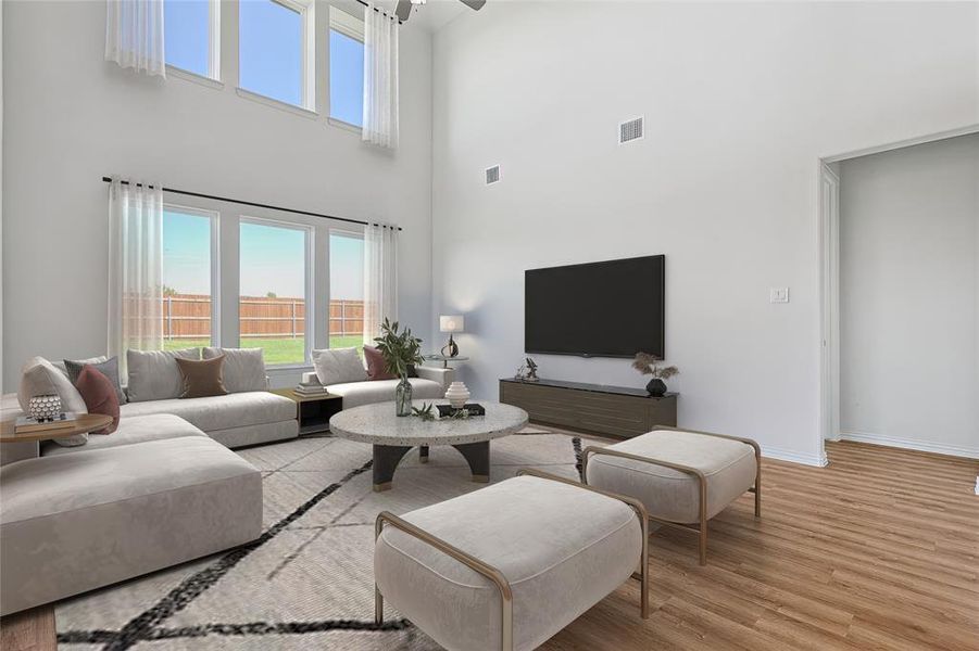 Living room with light wood-type flooring