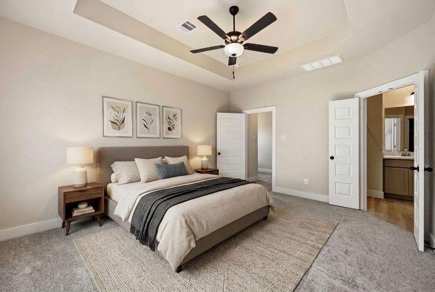 Virtually staged primary bedroom.