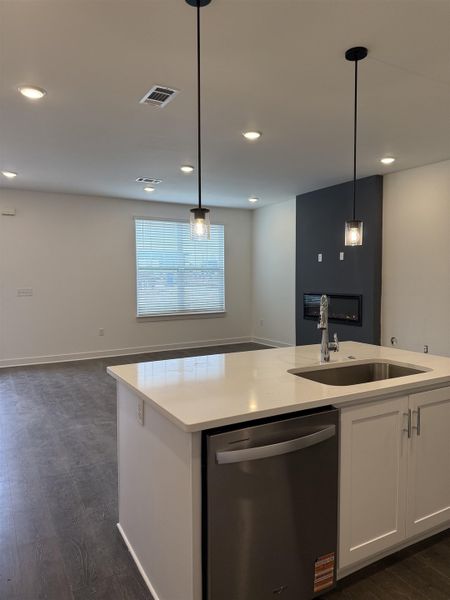 Kitchen with dark wood-type flooring, dishwasher, open floor plan, white cabinetry, and hanging light fixtures