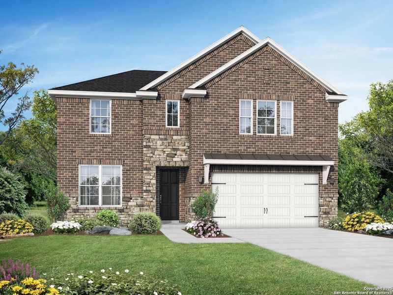 Front exterior of a new home in Bricewood, San Antonio, TX, highlighting curb appeal (Image 1).