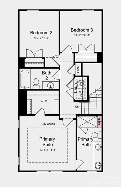 Upper Level Floor Plan -  Additional Highlights Include: shower ledge in the primary bath and secondary bedroom with full bath in place of a flex room and half bath