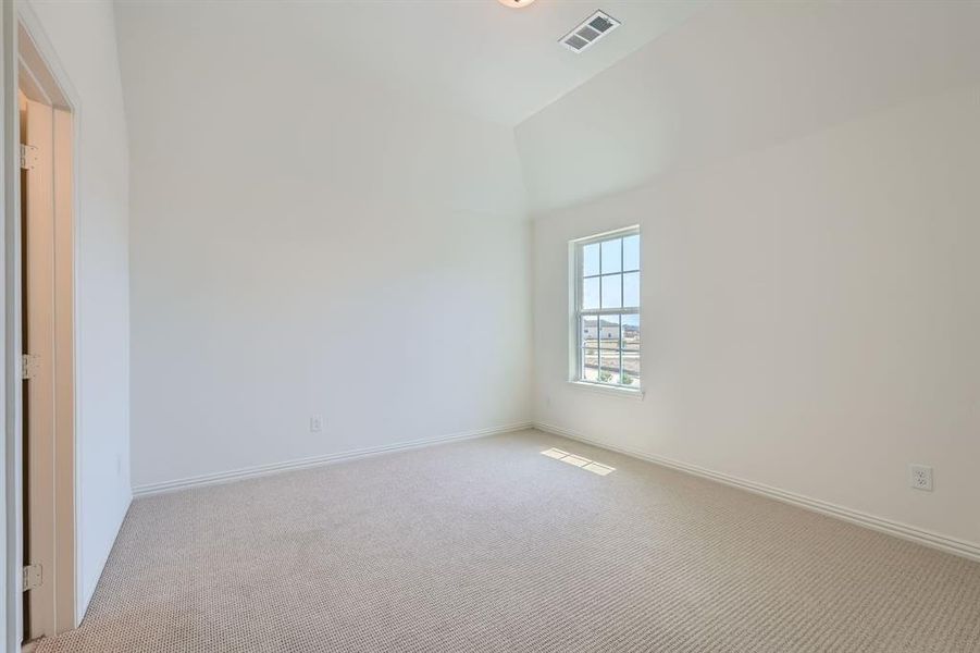 Spare room with vaulted ceiling and carpet flooring