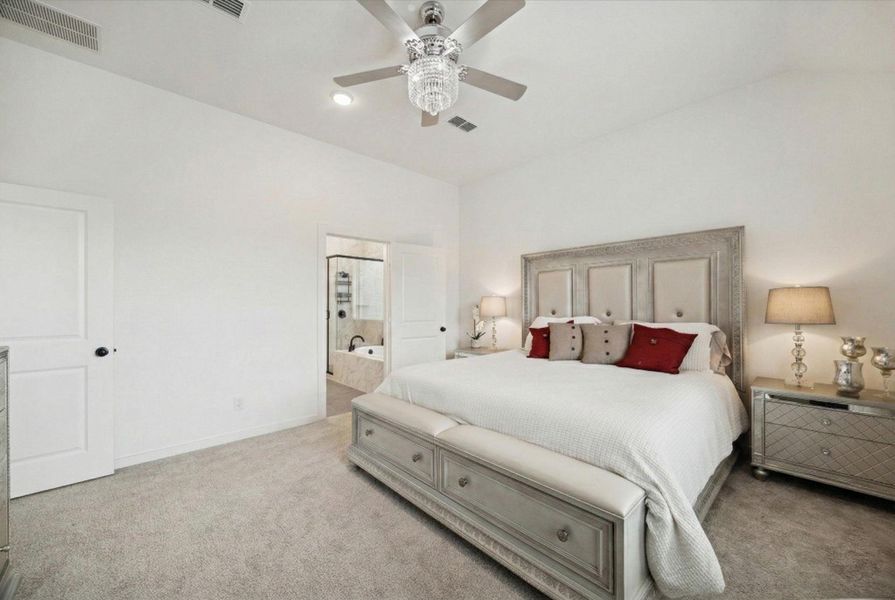 THE PRIMARY SUITE INCLUDES A WALK-IN CLOSET DOOR AND AN EN-SUITE BATHROOM ENTRANCE LOCATED ADJACENT TO THE SLEEPING AREA.