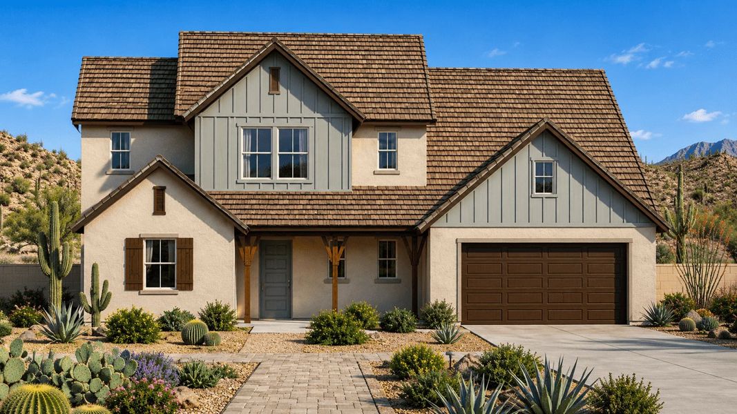 Representative exterior photo of a completed home built from the Papago by William Ryan Homes in Silver Cross, San Tan Valley, AZ (Image 2). Representative exterior photo of a completed home built from the Papago by William Ryan Homes in Silver Cross, San Tan Valley, AZ (Image 2).