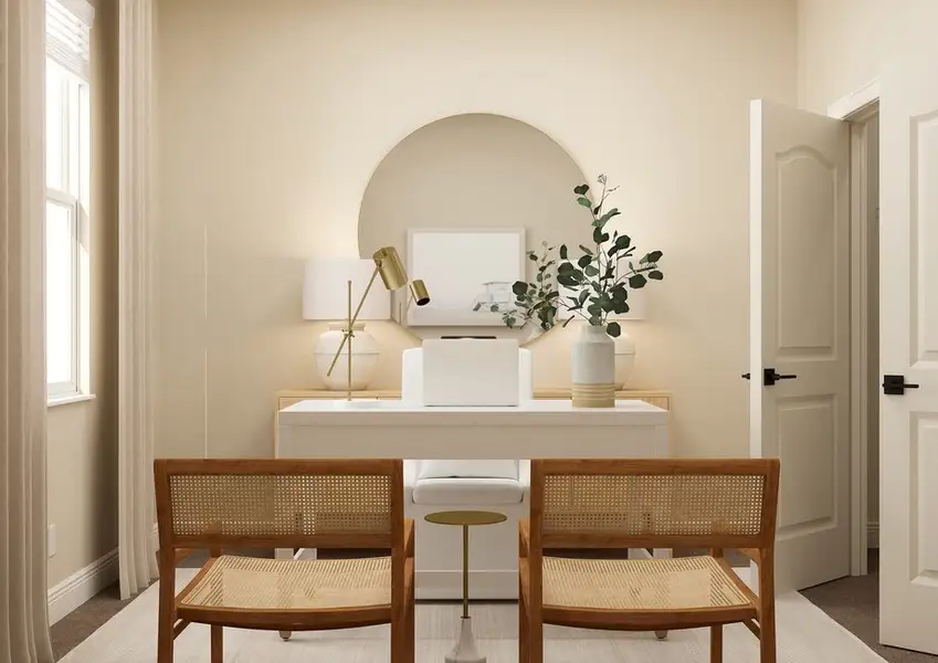 Rendering of a home office with a desk at the center of the room. Rendering of a home office with a desk at the center of the room.