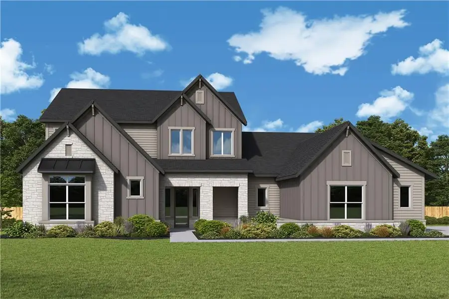 Front exterior of a new home in Meadow Brook Farms, Cumming, GA, highlighting curb appeal (Image 1).