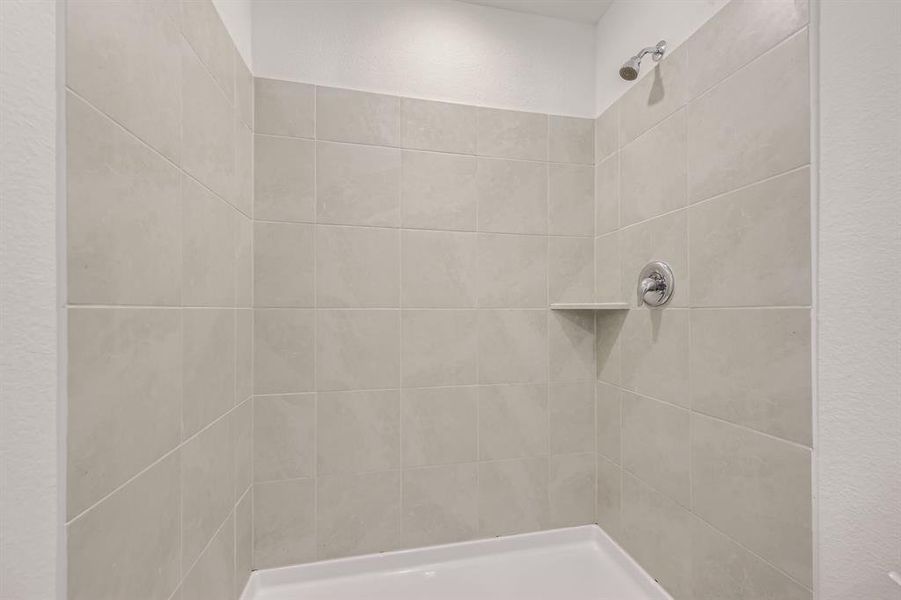 Primary bathroom featuring a large, tiled walk-in shower.