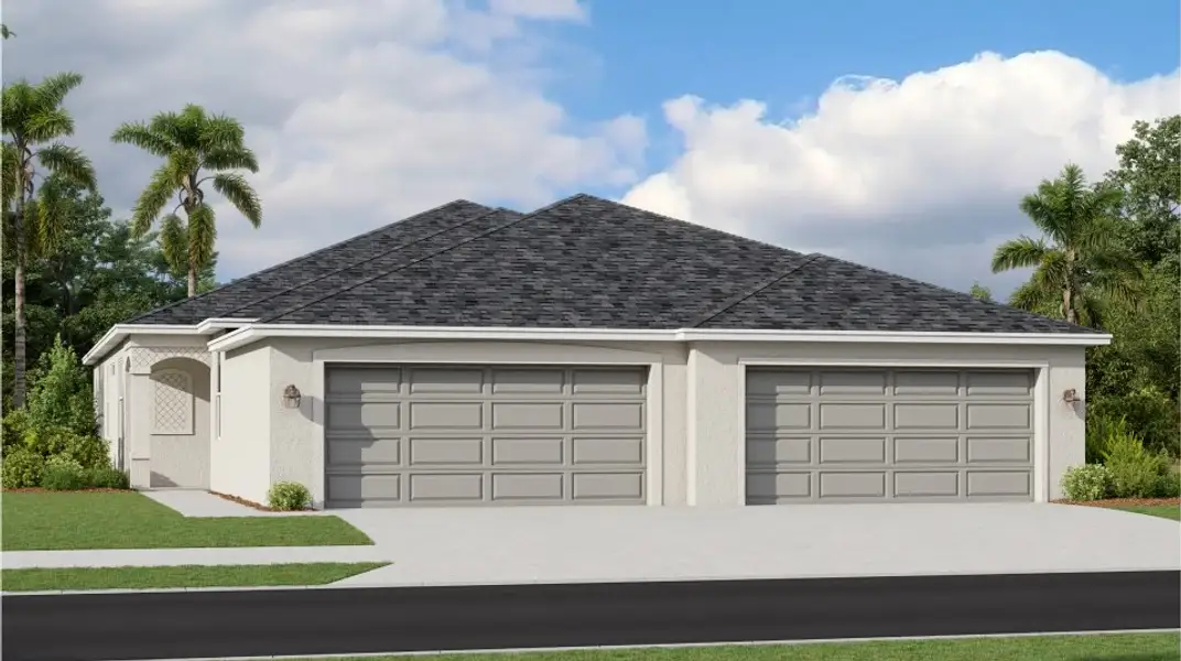 Front exterior of a new home in Ibis Landing Golf & Country Club: Villa Homes, Lehigh Acres, FL, highlighting curb appeal (Image 1).