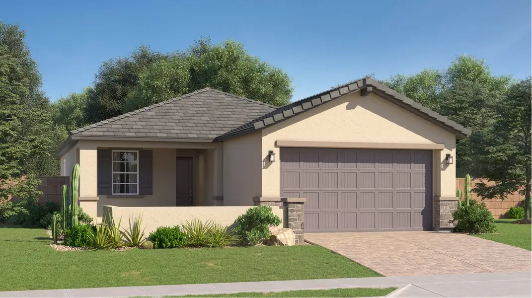 Front exterior of a new home in Montecito at Estrella, Goodyear, AZ, highlighting curb appeal (Image 1). Front exterior of a new home in Montecito at Estrella, Goodyear, AZ, highlighting curb appeal (Image 1).