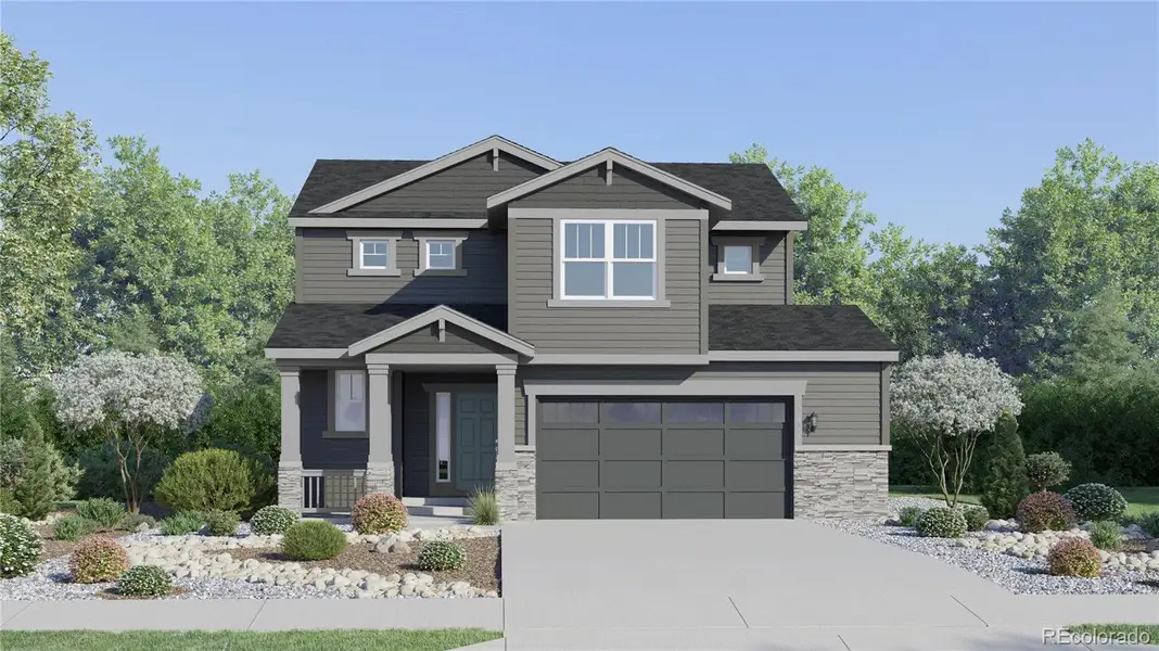 Front exterior of a new home in Timber Lark, Fort Collins, CO, highlighting curb appeal (Image 1). Front exterior of a new home in Timber Lark, Fort Collins, CO, highlighting curb appeal (Image 1).