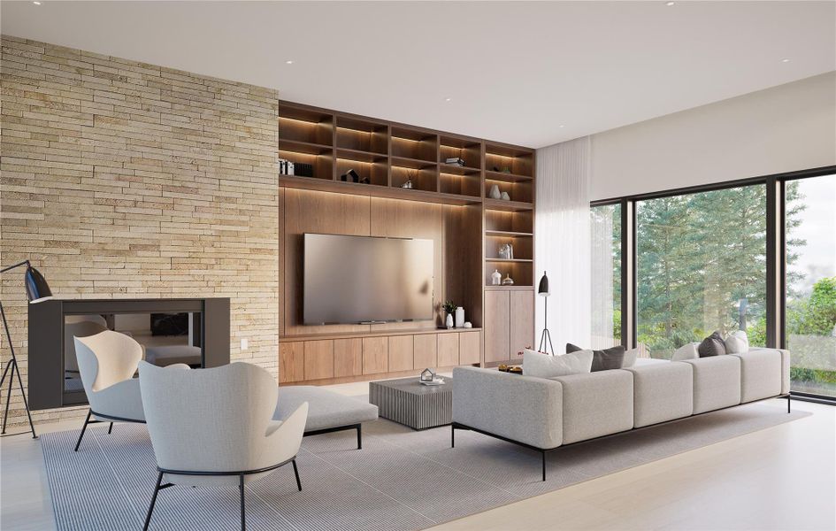 Living room featuring built in features and wood finished floors