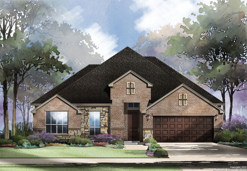 Front exterior of a new home in Kinder Ranch 70's, San Antonio, TX, highlighting curb appeal (Image 2). Front exterior of a new home in Kinder Ranch 70's, San Antonio, TX, highlighting curb appeal (Image 2).