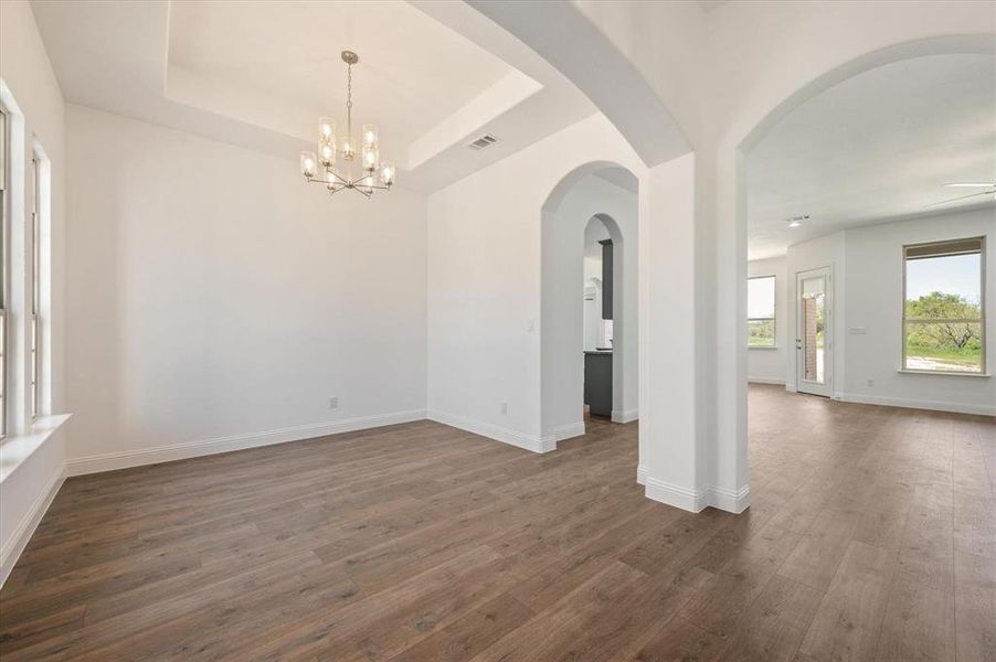 Spare room featuring a raised ceiling and dark hardwood / wood-style floors