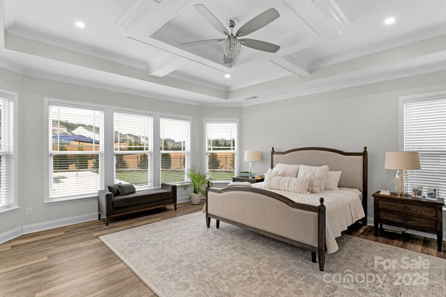 Primary bedroom on the main level with coffered ceiling and outdoor views