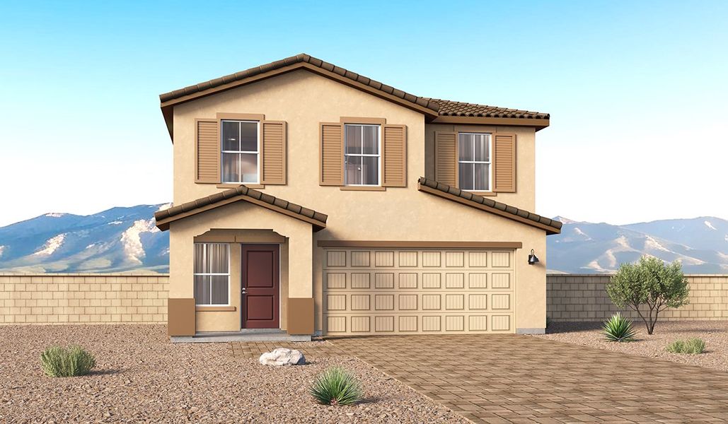 Representative exterior photo of a completed home built from the Kleindale - C30K by D.R. Horton in Entrada Del Toro at Rancho Sahuarita, Sahuarita, AZ (Image 1). Representative exterior photo of a completed home built from the Kleindale - C30K by D.R. Horton in Entrada Del Toro at Rancho Sahuarita, Sahuarita, AZ (Image 1).