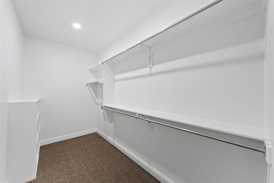 Spacious closet with dark carpet