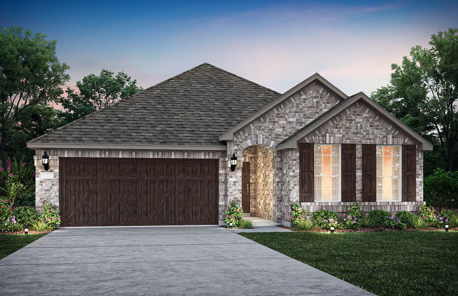 The Arlington, a one-story home with 2-car garage, shown with Home Exterior A