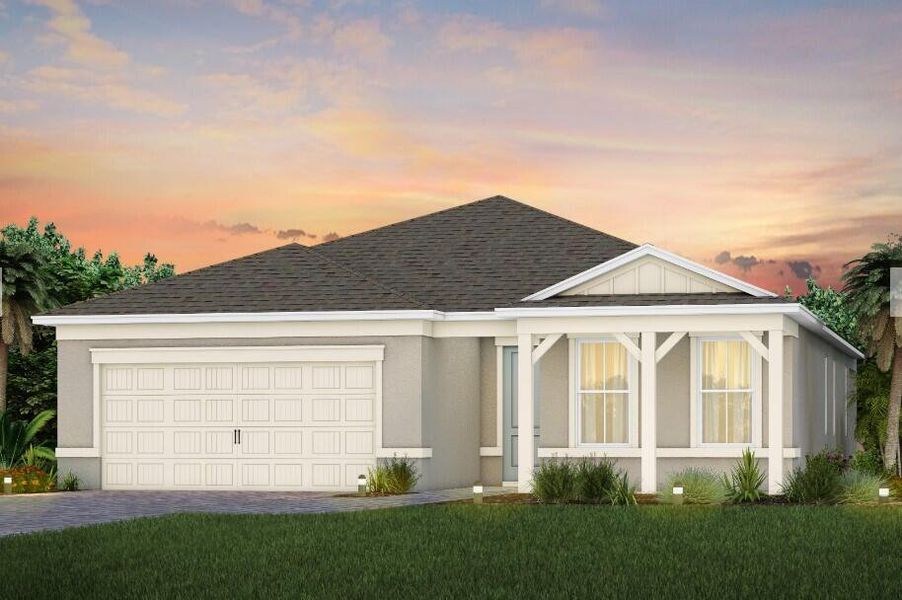 Front exterior of a new home in Del Webb Tradition, Port St. Lucie, FL, highlighting curb appeal (Image 1).