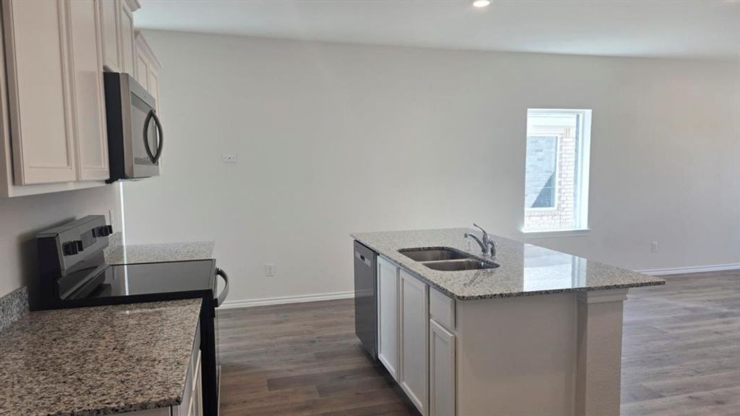 Kitchen with stainless steel appliances, light stone countertops, white cabinets, dark wood finished floors, and recessed lighting