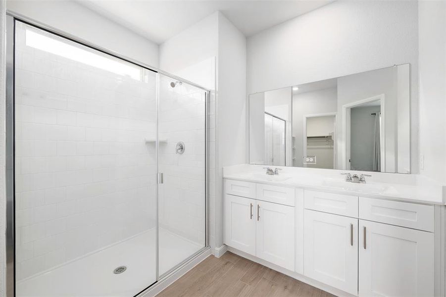 Bathroom featuring walk in shower and vanity