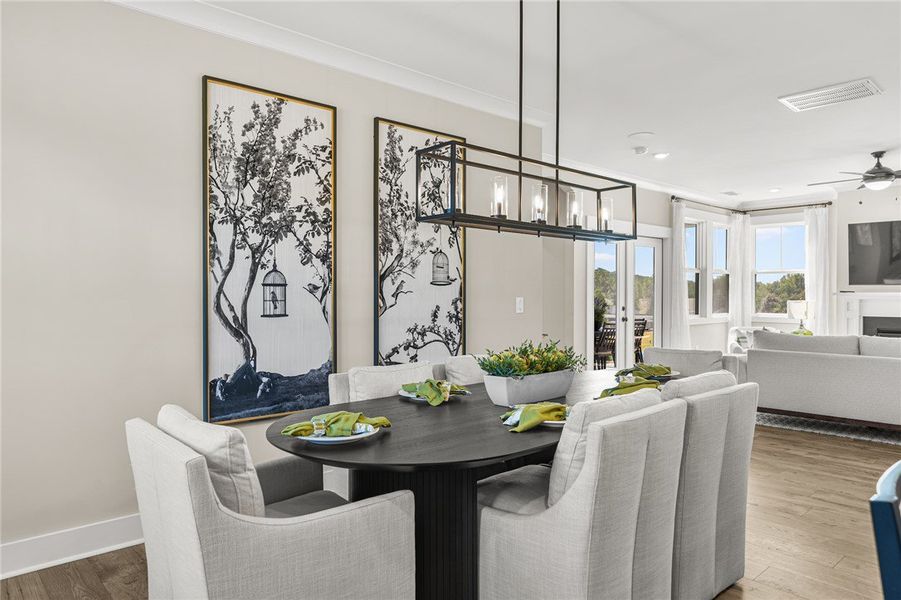 This bright dining area flows seamlessly into the