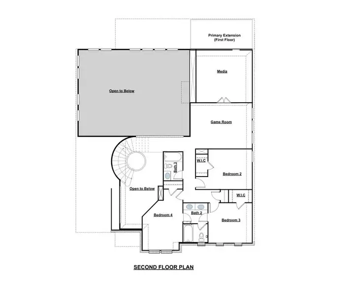 Examine the thoughtful layout of the second-floor plan, showcasing comfortable bedrooms, a media room, and a spacious game room. Examine the thoughtful layout of the second-floor plan, showcasing comfortable bedrooms, a media room, and a spacious game room.