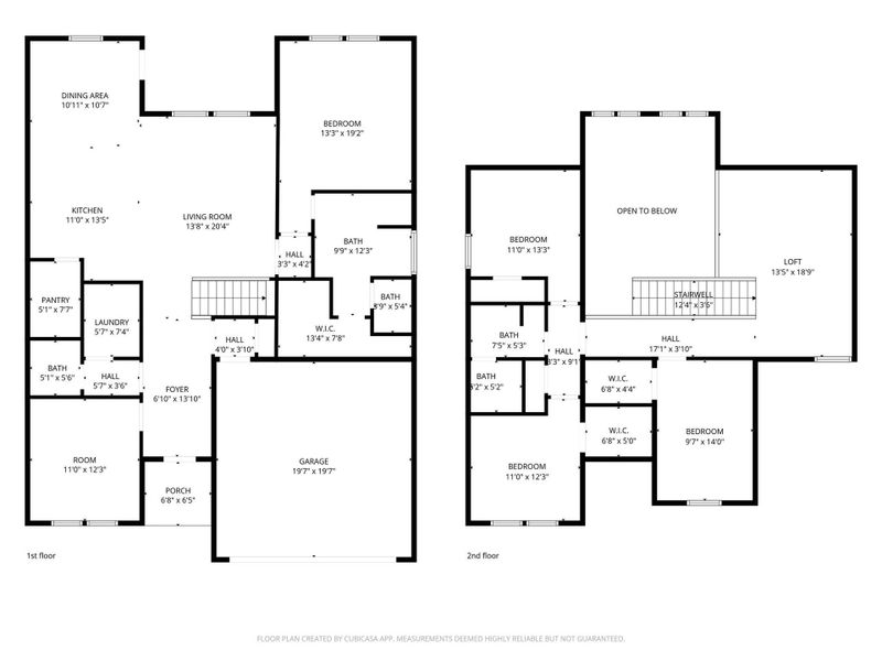 This is a two-story floor plan. The first floor includes a spacious living room, kitchen, dining area, bedrooms, bath, pantry, laundry, and a garage. The second floor features three bedrooms, a full bath, a flex space, and walk-in closets. The layout is open with practical storage and living areas.