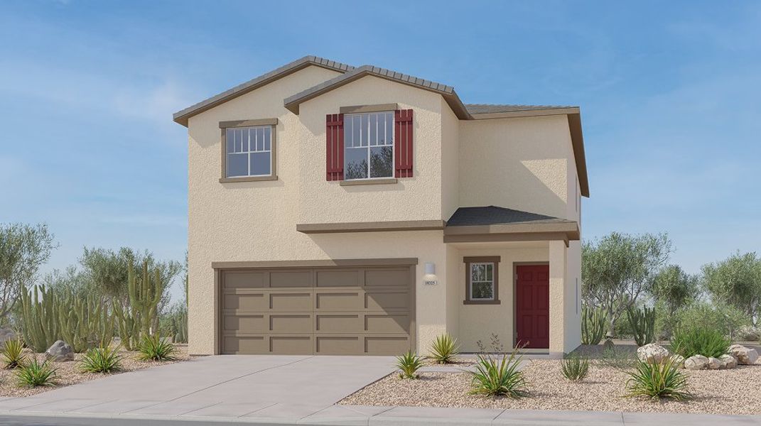 Front exterior of a new home in Rancho Sahuarita, Sahuarita, AZ, highlighting curb appeal (Image 1). Front exterior of a new home in Rancho Sahuarita, Sahuarita, AZ, highlighting curb appeal (Image 1).