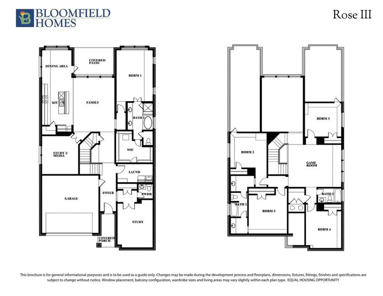 Bloomfield Homes Rose III two-story floor plan with five bedrooms, game room, study, and covered patio on both levels.