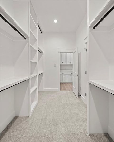 Walk in closet with light colored carpet