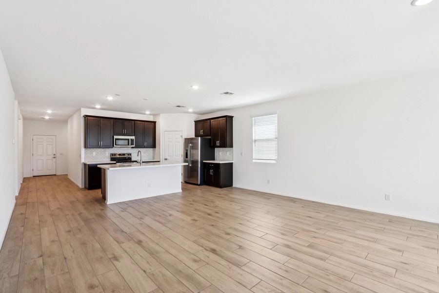 Great room, dining and kitchen