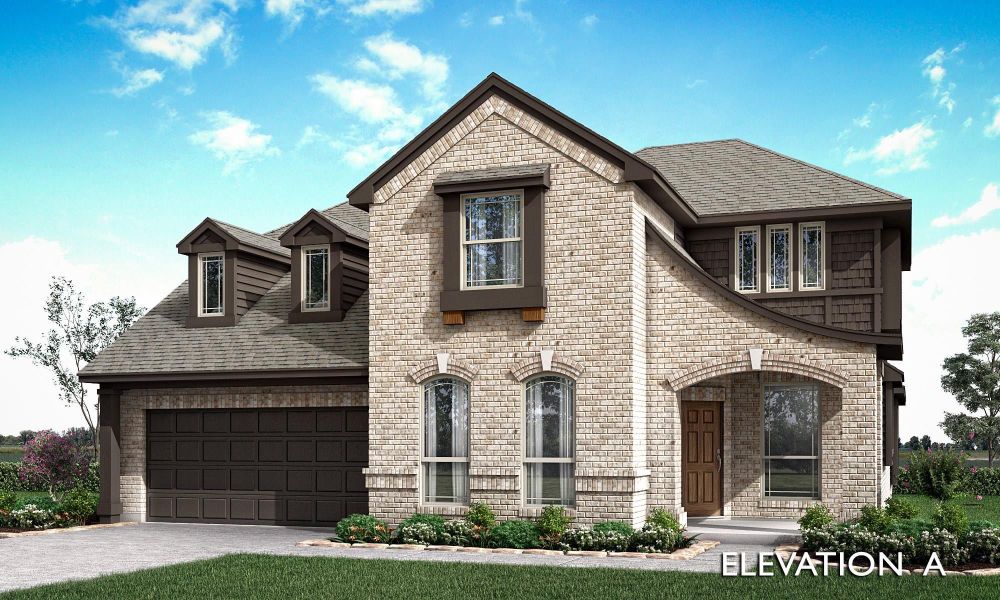 Two-story brick home with arched windows, brown trim, two-car garage, and wood front door, Elevation A rendering. Two-story brick home with arched windows, brown trim, two-car garage, and wood front door, Elevation A rendering.