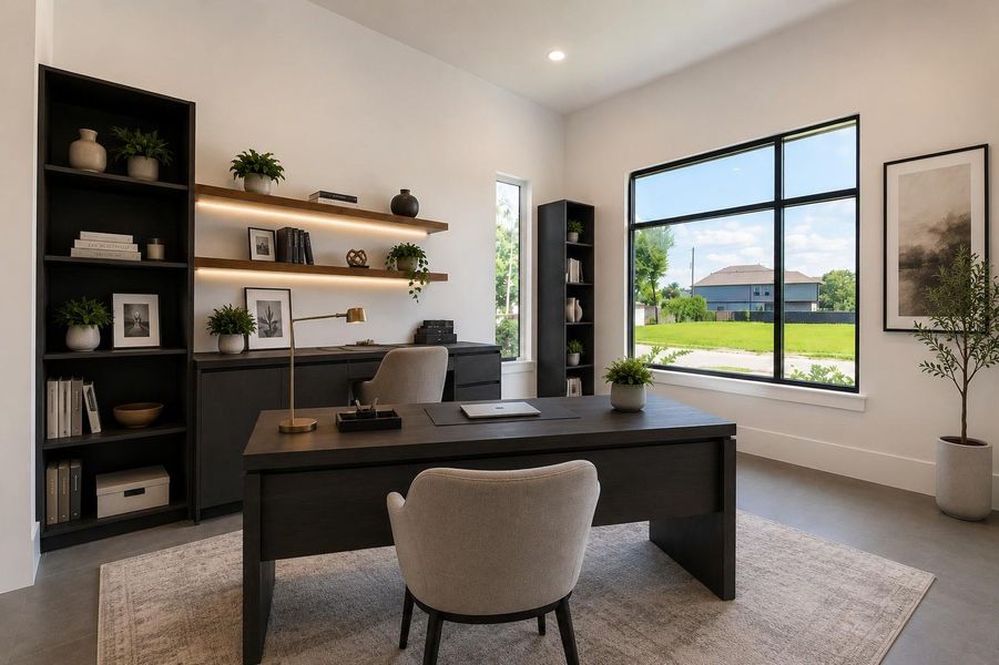 VIRTUALLY STAGED office space on first floor with built ins and beautiful glass door detailing. VIRTUALLY STAGED office space on first floor with built ins and beautiful glass door detailing.