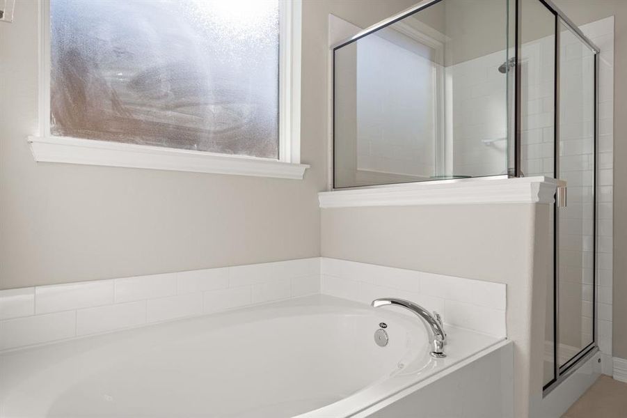 This additional view of your primary bathroom features tile flooring, fresh paint, walk-in shower, a separate garden tub, and a large walk-in closet.