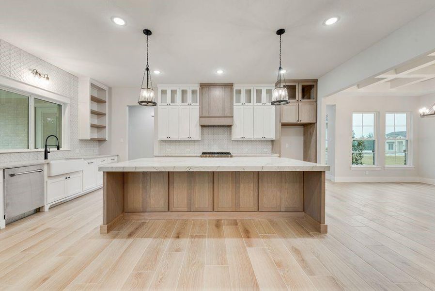 Kitchen with white cabinetry, a large island, stainless steel dishwasher, and light hardwood / wood-style flooring