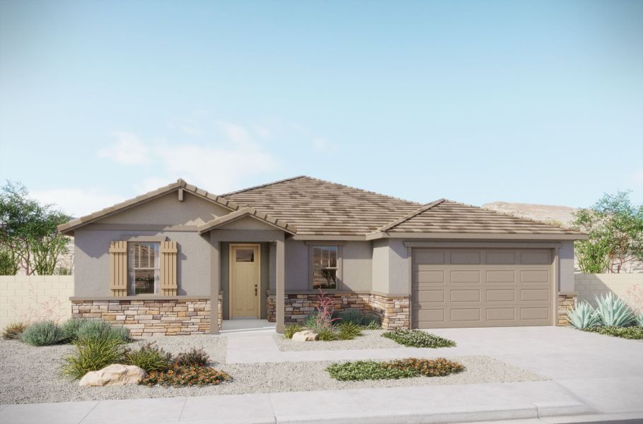 Representative exterior photo of a completed home built from the Apple by Mattamy Homes in Tavira at Twin Peaks, Oro Valley, AZ (Image 3). Representative exterior photo of a completed home built from the Apple by Mattamy Homes in Tavira at Twin Peaks, Oro Valley, AZ (Image 3).