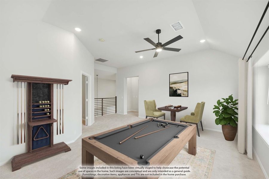 Game room with pool table, wall-mounted cue rack, vaulted ceiling, and ceiling fan Game room with pool table, wall-mounted cue rack, vaulted ceiling, and ceiling fan